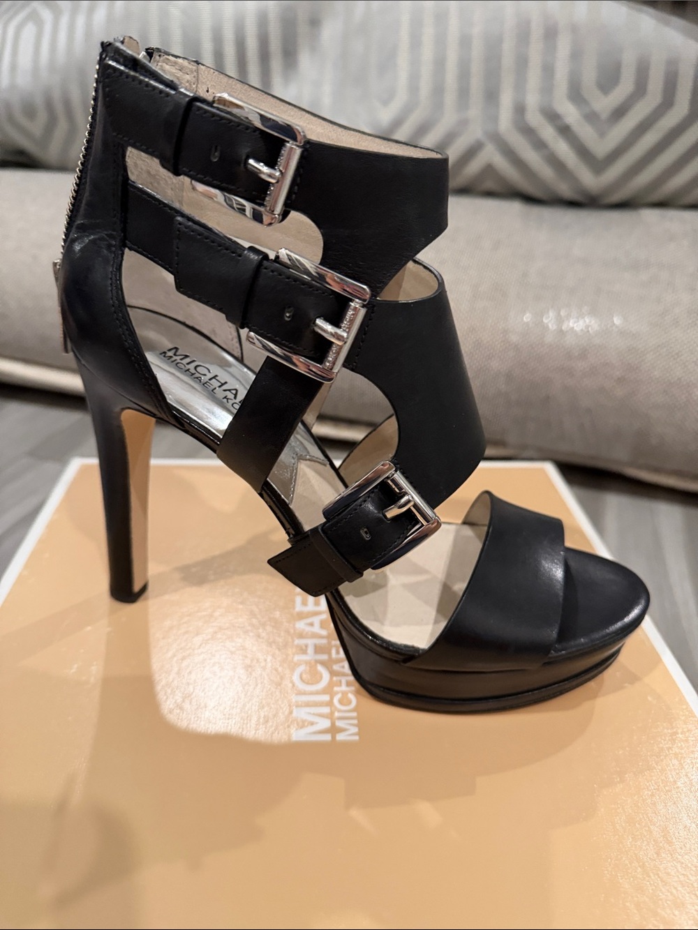 Michael Kors Black Leather Buckle Platform High Heels